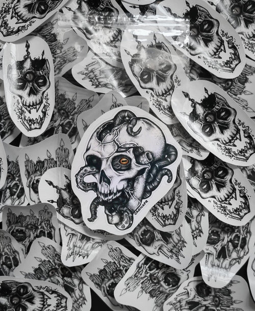 Art Collection of skull-themed stickers on a clear plastic sheet. 