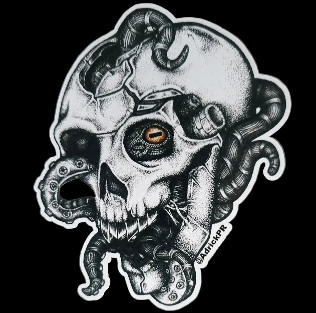 Sticker of a Drawing of Skull with mechanical elements and octopus on the inside on a black background.