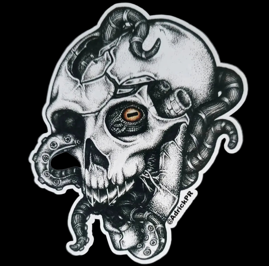 Sticker of a Drawing of Skull with mechanical elements and octopus on the inside on a black background.